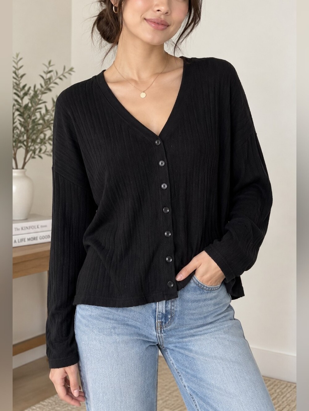Chaser Brand Black Ribbed V-Neck Button oversized Cardigan size XS